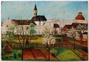 Szatina L.: Falusi naiv, olaj, karton, sérült, 54x75cm