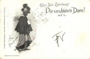 1898 Affaire Zola-Esterhazy, Die verschleierte Dame No. 1.; Zum Rendes-vous! / Judaica, S. Krotoschin art postcard, artist signed (Rb)