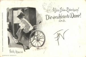 1898 Affaire Zola-Esterhazy, Die verschleierte Dame No. 3.; Nach Hause! / Judaica, S. Krotoschin art postcard, artist signed (Rb)