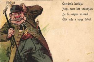 Őseidnek kúriája híres mint hét szilvafája, de te szépen eliszod, ütik már a nagy dobot / Humorous drunk man, litho (EK)