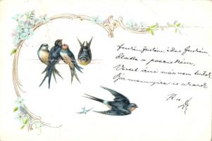 Floral Art Nouveau greeting card, swallows, litho (EB)