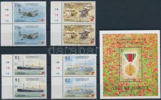 50th anniversary of the end of World War II. pairs + block, 50 éve ért véget a II. Világháború sor ívszéli párokban + blokk