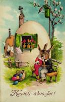 Easter, rabbits, egg house, litho