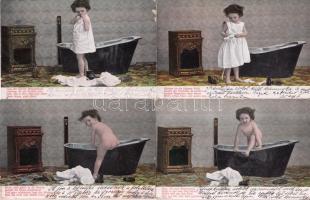 4 db RÉGI motívumlap; fürdőző kislány, gyerek sorozat / 4 old motive cards; bathing little girl, children series