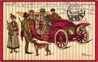 Automobile, hunters, art postcard, litho s: P. Fabatz