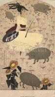 Lady, flower, pigs, Wiener Werkstätte No. 485. litho s: Mela Koehler (9 x 16 cm)