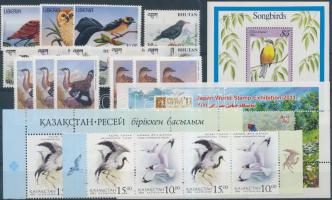 Birds 15 stamps, 2 stripes of 4, 2 blocks with duplicates, Madár motívum 15 db bélyeg, 2 db négyescsík és 2 db blokk, közte másodpéldányok