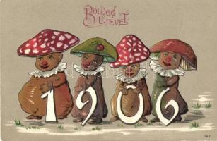 1906 New Year, mushrooms, Emb. litho
