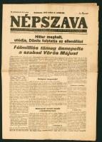 1945 Bp., A Népszava, a Szoc. Dem. Párt Központi Lapja 73. évfolyamának 62. száma, címlapon Hitler halálának hírével