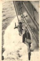 Aussenbord-Arbeit in See. Verlag F. W. Schrinner / K.u.K. navy, battleship maintenance; litho flag on backside