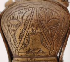 cca 1800 Réz lőportartó bőr övön, cizellált, oszmán?, 6x4 cm /
gunpowder-holder made of copper