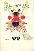 Herzliche Neujahrgrüsse / Girl, dog, Deutscher Schulverein Karte Nr. 1454. s: Mela Koehler (fa)