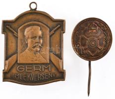 ~1930-1940. "Germ Emlékverseny" Br jelvény füllel, "Fricker B Pest" gyártói jelzéssel (41x32mm) + ~1930-1940. Lövész kitűző Cu (20mm) T:2
