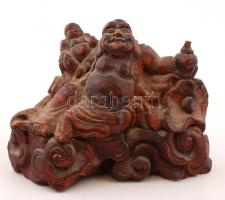 Nevető Buddha, faragott fa, jelzés nélkül, apró sérüléssel, 8×11 cm