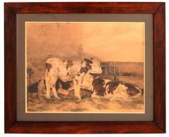 Edvi Illés Aladár (1858-1927): Tehenek. Színezett rézkarc, papír, jelzett, üvegezett keretben, 36×44 cm