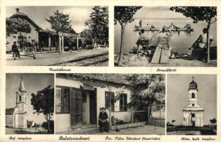 Balatonudvari, Vasútállomás, Református templom, strand, Római katolikus templom, Özv. Tálas Istvánné fűszerüzlete, saját kiadású képeslap