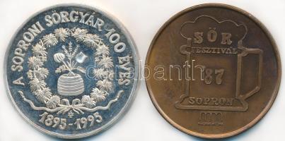 1995. "A Soproni Sörgyár 100 éves 1895-1995" fém emlékérem (42,5mm) + 1987. "Soproni Ünnepi Hetek / Sörfesztivál Sopron" Br emlékérem (42,5mm) T:2 (egyik PP)