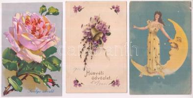 9 db RÉGI motívumlap, vegyes minőség, pár lithoval; virág, üdvözlő / 9 old motive cards, mixed quality, some lithos; flower, greeting