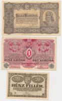 1916. 1K + 1920. 20f + 1923. 100K "Magyar Pénzjegynyomda Rt. Budapest" T:I-,III