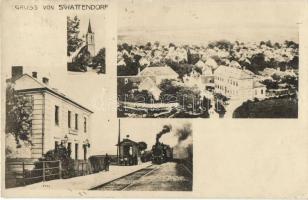 Somfalva, Schattendorf; templom, vasútállomás, mozdony / church, railway station, locomotive (Rb)
