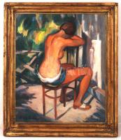 Olaszy Sándor (1902-1976): Napozó nő. Olaj, farost, jelzett, keretben, 60×50 cm