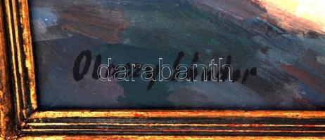 Olaszy Sándor (1902-1976): Napozó nő. Olaj, farost, jelzett, keretben, 60×50 cm