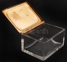 Réz fedeles üveg doboz, jelzett, gravírozott, 8×10 cm