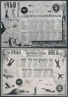 1960, 1961 Repülős kártyanaptárak, az eredeti kézzel rajzolt naptárak fotómásolatai, 2 db, 6x9 cm