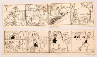 Gerő Sándor (1904-1977): Szomszéd Balázs és a virágtolvaj. Szomszéd Balázs locsolja a kertet. Tus, papír, jelzett, 9×33 (2×) cm