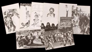 1980 8 darab, az iráni iszlám forradalom első évfordulójára készült propagandalap, hátuljukon feliratozva, 10×16 ill. 16×10 cm /  1980 8 propaganda cards made on the occasion of the 1st anniversary of the Islamic Revolution of Iran, 10×16 and 16×10 cm