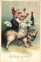 New Year, pigs, litho (EK)