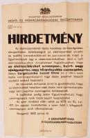 1926 Budapest Székesfőváros Vásár- és Vásárcsarnokainak igazgatósági hirdetménye, egy kicsi szakadással, egyébként jó állapotban,  47x30cm