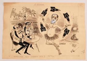 Endrődi István (1920-1988): Csábtánc, politikai karikatúra. Papír, vegyes technika, jelzett. Ludas Matyiban jelent meg. 20x26 cm
