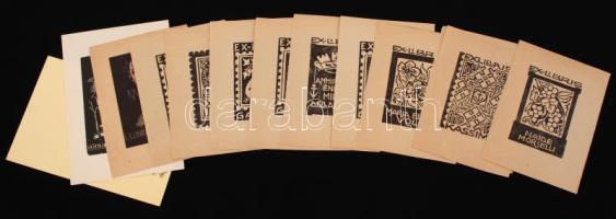 12 db különféle ex libris Békés István (1900-1982) író, újságíró gyűjtéséből, vegyes technika, papír, különböző méretben