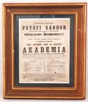 1861 A pesten felállítandó Petőfi szobor javára rendezett győri műsor hirdetménye. Előérvénytelenített 1kr hirdetménybélyeggel. Dekoratív üvegezett fa keretben. 50x60 cm