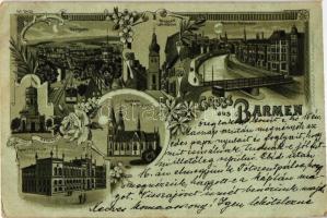 1899 Barmen, Bergbahn, Wupperf luth. Kirche, Werther Bollwerk, Oberbarm. Kath. Kirche, Krieger Denkmal / train, churches, statue; Kunstanstalt Mehner & Maas No. 2420. floral, Art Nouveau litho (EK)