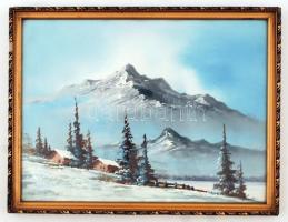 Végh jelzéssel: Alpesi táj. Tempera, papír, üvegezett keretben, 24×32 cm