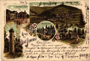 Ilmenau, Wasserheil-Anstalt, Göthehausen, Gabelbachhaus, Kickelhahn / spa, rest houses, tower, Aug. Heinecke floral, Art Nouveau litho (EK)