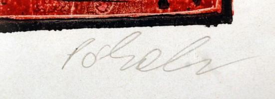 Póka György (1944-):Gauguin emlékére. Színezett linó, papír, jelzett, üvegezett keretben, 27×15 cm