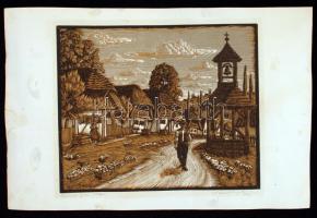 Némethy Béla: Göcseji falu utcája. Linómetszet. Jelzett. 32x28 cm