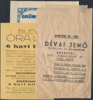 cca 1934-1940 2 db óraeladással kapcsolatos szórólap, 1 db boríték: Bleyer Óra, Grünfeld Miksa órás, Dévai Jenő óraműves