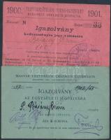 1900, 1902 A Magyar Tisztviselők Országos Egyesületének és a Tisztviselőtelepi Torna-Egyesület igazolvány, mely kedvezményes jegyre jogosít jégpályára, 2 db