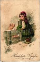 6 db RÉGI motívumlap két lithoval, vegyes minőség; újévi üdvözlő / 6 old motive cards with two litho...