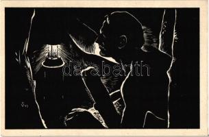 9 db RÉGI használatlan motívumlap Varsányi Pál fametszetsorozatából; bányász / 9 old unused motive c...