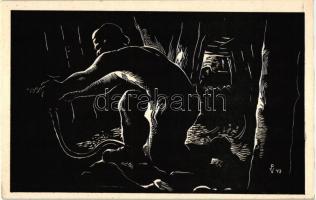 9 db RÉGI használatlan motívumlap Varsányi Pál fametszetsorozatából; bányász / 9 old unused motive c...