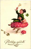New Year, mushrooms, pig, litho