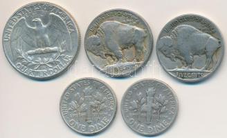 Amerikai Egyesült Államok 1913-1920. 5c Cu-Ni "Indian" (2x) + 1946-1964D 1D Ag "Roose...