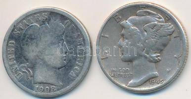 Amerikai Egyesült Államok 1908. 1D Ag "Barber" + 1945. 1D Ag "Mercury" T:3,2- USA 1908. 1 Dime Ag "Barber" + 1945. 1 Dime Ag "Mercury" C:F,VF