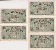 Német 3. Birodalom / Német megszállt területek 1940-1945. 2M (5x) sorszámkövetők T:II-,III German Third Reich / German occupied territories 1940-1945. 2 Mark (5x) sequential serials C:VF,F
