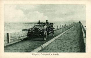 Belgrade, Beograd; Cölöphíd a Száván. A cs. és kir. szerbiai főkormányzóság a háborúban eselett osztrák-magyar katonai árve és özvegyalapja, valamint Belgrád város szegényei javára Serie Nr. 2 / temporary bridge, Hungarian soldiers